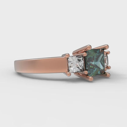 1.11 cttw Blue Moissanite Three-Stone Engagement Ring - Solid Rose Gold (VVS1, Princess Cut,5.0mm)