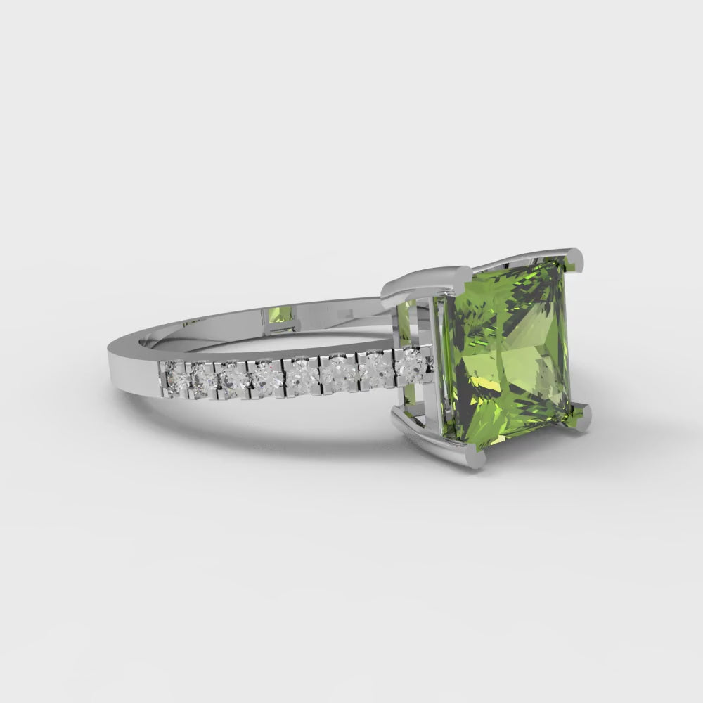 1.62 cttw Natural Peridot Solitaire with Zirconia Simulated Diamond Accents Engagement Ring - Solid Gold (Princess Cut,6.5mm)