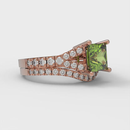 3.4 cttw Princess Cut Natural Peridot Bridal Set - Solid Rose Gold Engagement Ring & Wedding Band