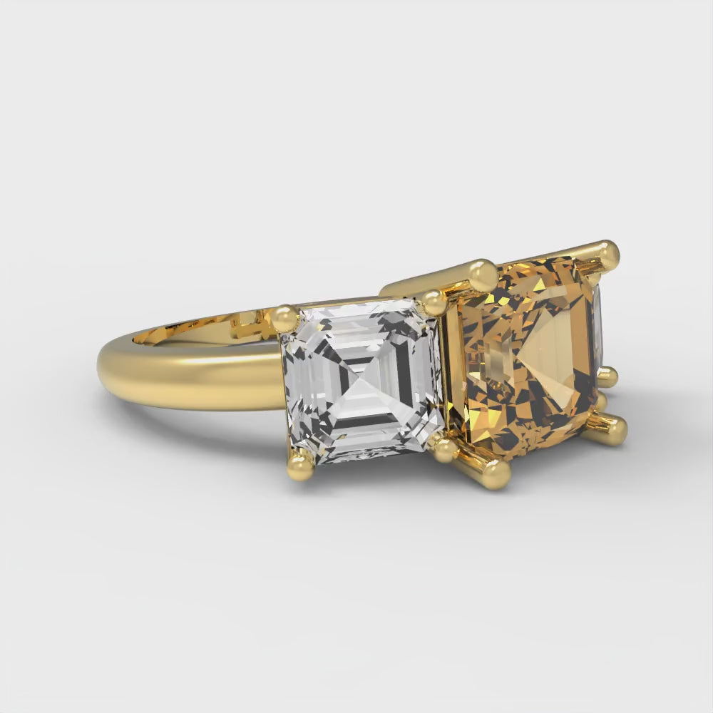 4 cttw Zirconia Simulated Champagne Diamond Three-Stone Engagement Ring - Solid Gold (VVS1, Square Emerald Cut,7.0X7.0mm)