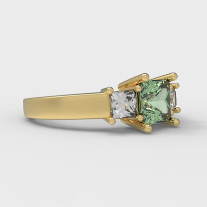 1.11 cttw Zirconia Simulated Green Diamond Three-Stone Engagement Ring - Solid Yellow Gold (VVS1, Princess Cut,5.0mm)