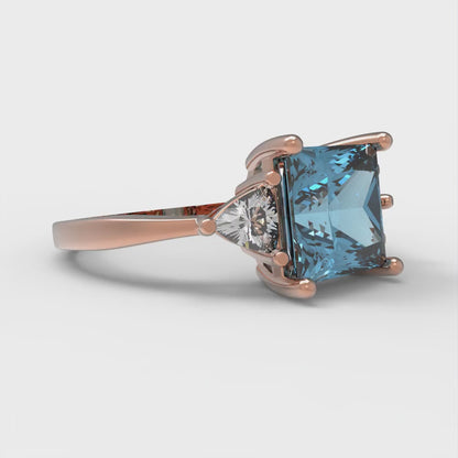 2.32 cttw Zirconia Simulated Blue Diamond Three-Stone Engagement Ring - Solid Rose Gold (VVS1, Princess Cut,7.0mm)