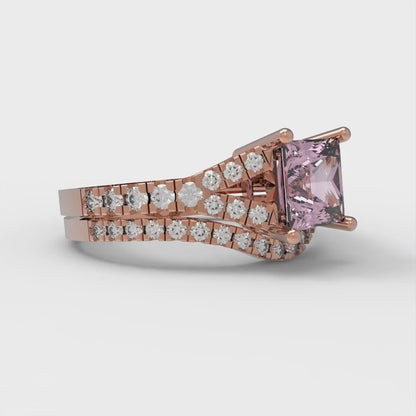 3.4 cttw Princess Cut Simulated Pink Diamond Bridal Set - Solid Rose Gold Engagement Ring & Wedding Band