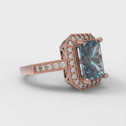 2.78 cttw Zirconia Simulated Blue Diamond Hidden Halo Engagement Ring - Solid Rose Gold (VVS1, Emerald Cut,8.5x6.5mm)