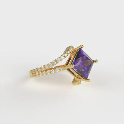 2.3075 cttw Natural Amethyst Solitaire with Zirconia Simulated Diamond Accents Engagement Ring - Solid Yellow Gold (VVS1, Princess Cut,7.0mm)