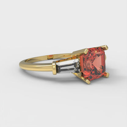 1.62 cttw Zirconia Simulated Red Diamond Three-Stone Engagement Ring - Solid Gold (VVS1, Square Emerald Cut,6.5X6.5mm)