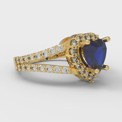 1.49 cttw Simulated Blue Sapphire Hidden Halo Engagement Ring - Solid Yellow Gold (VVS1, Heart Cut,6.5mm)