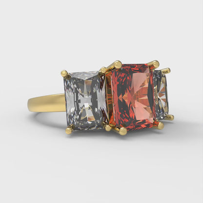 4 cttw Zirconia Simulated Red Diamond Three-Stone Engagement Ring - Solid Yellow Gold (VVS1, Emerald Cut,8x6mm)