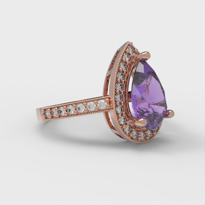 2.36 cttw Simulated Alexandrite Hidden Halo Engagement Ring - Solid Gold (Pear Cut,10x7mm)