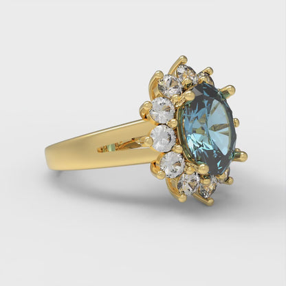 2.72 ct Brilliant Oval Cut Natural Swiss Blue Topaz Yellow Gold Halo Solitaire with Accents Engagement Ring, December Birthstone