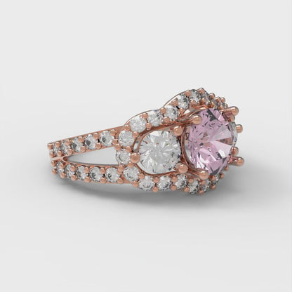 2.16 cttw Zirconia Simulated Pink Diamond Three-Stone Engagement Ring - Solid Rose Gold (VVS1, Round Cut,6.5mm)