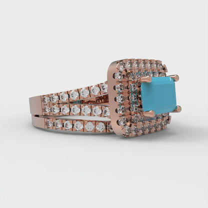 3.05 cttw Emerald Cut Simulated Turquoise Bridal Set - Solid Rose Gold Engagement Ring & Wedding Band