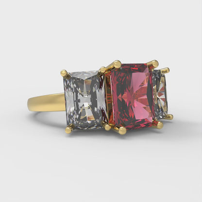 4 cttw Simulated Ruby Three-Stone Engagement Ring - Solid Yellow Gold (VVS1, Emerald Cut,8x6mm)