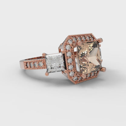 3.005 cttw Yellow Moissanite Three-Stone Engagement Ring - Solid Rose Gold (VVS1, Princess Cut,7.0mm)