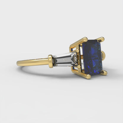 1.5 cttw Simulated Blue Sapphire Three-Stone Engagement Ring - Solid Gold (Emerald Cut,7.0x5.0mm)