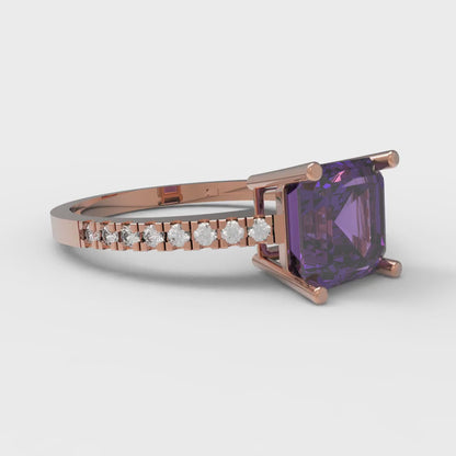 2.7 cttw Natural Amethyst Solitaire with Zirconia Simulated Diamond Accents Engagement Ring - Solid Gold (Asscher Cut,6.5mm)