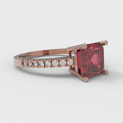 2.7 cttw Simulated Pink Tourmaline Solitaire with Zirconia Simulated Diamond Accents Engagement Ring - Solid Gold (Asscher Cut,6.5mm)