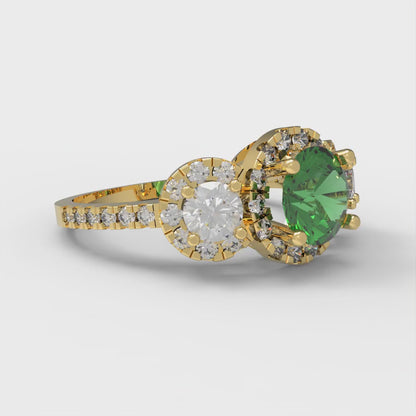 1.46 cttw Simulated Emerald Three-Stone Engagement Ring - Solid Yellow Gold (VVS1, Round Cut,6.0mm)