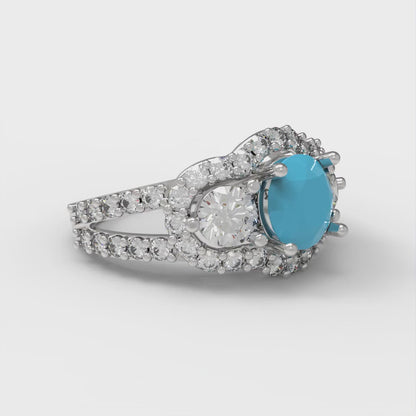 2.16 cttw Simulated Turquoise Three-Stone Engagement Ring - Solid White Gold (VVS1, Round Cut,6.5mm)