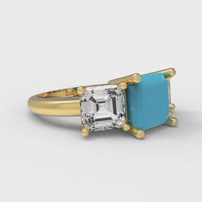 4 cttw Simulated Turquoise Three-Stone Engagement Ring - Solid Gold (Square Emerald Cut,7.0X7.0mm)