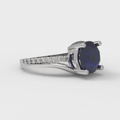 1.71 cttw Simulated Blue Sapphire Solitaire with Zirconia Simulated Diamond Accents Engagement Ring - Solid White Gold (VVS1, Round Cut,7.5mm)