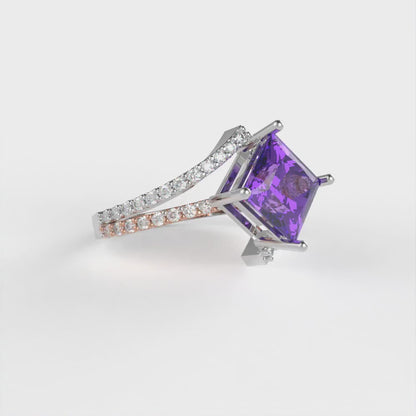 2.3075 cttw Simulated Alexandrite Solitaire with Zirconia Simulated Diamond Accents Engagement Ring - Solid White/Rose Gold (VVS1, Princess Cut,7.0mm)