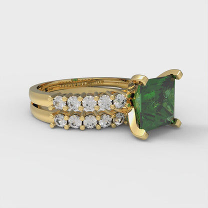 2.63 cttw Princess Cut Simulated Emerald Bridal Set - Solid Yellow Gold Engagement Ring & Wedding Band