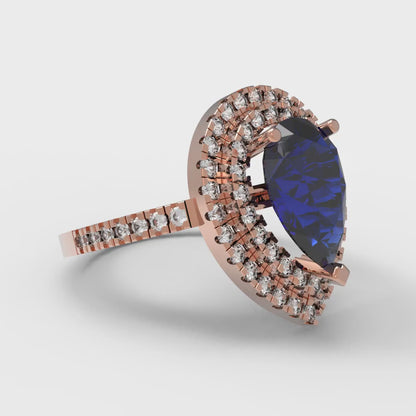 2.48 cttw Simulated Blue Sapphire Hidden Halo Engagement Ring - Solid Rose Gold (VVS1, Pear Cut,10X7mm )