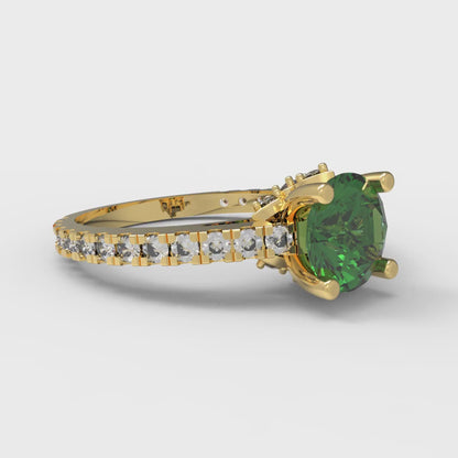 1.465 cttw Simulated Emerald Solitaire with Zirconia Simulated Diamond Accents Engagement Ring - Solid Gold (Round Cut,6.5mm)