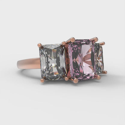 4 cttw Zirconia Simulated Pink Diamond Three-Stone Engagement Ring - Solid Rose Gold (VVS1, Emerald Cut,8x6mm)