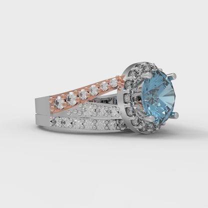 2.32 cttw Round Cut Natural Swiss Blue Topaz Bridal Set - Solid White/Rose Gold Engagement Ring & Wedding Band