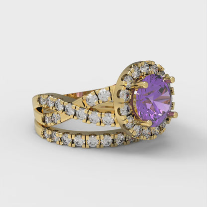 1.795 cttw Round Cut Simulated Alexandrite Bridal Set - Solid Yellow Gold Engagement Ring & Wedding Band