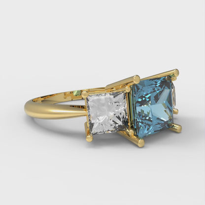 2.5 cttw Natural Sky Blue Topaz Three-Stone Engagement Ring - Solid Gold (Princess Cut,6.5 mm)