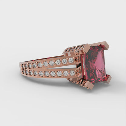 2.45 cttw Simulated Pink Tourmaline Solitaire with Zirconia Simulated Diamond Accents Engagement Ring - Solid Rose Gold (VVS1, Emerald Cut,8x6mm)