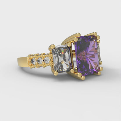 4.27 cttw Simulated Alexandrite Three-Stone Engagement Ring - Solid Gold (Emerald Cut,9x7mm)