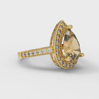 2.36 cttw Zirconia Simulated Champagne Diamond Hidden Halo Engagement Ring - Solid Gold (VVS1, Pear Cut,10x7mm)