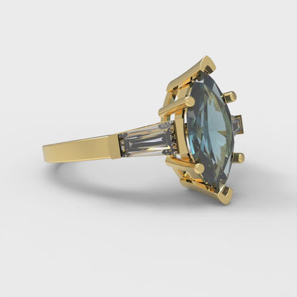 2 cttw Natural London Blue Topaz Three-Stone Engagement Ring - Solid Gold (Marquise Cut,11x5.5mm)