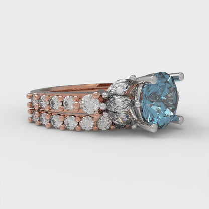 2.94 cttw Round Cut Natural Sky Blue Topaz Bridal Set - Solid Rose/White Gold Engagement Ring & Wedding Band