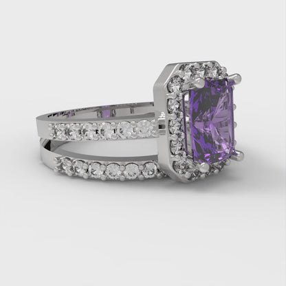 1.92 cttw Simulated Alexandrite Solitaire with Zirconia Simulated Diamond Accents Engagement Ring - Solid White Gold (VVS1, Emerald Cut,7.5X5.5mm)