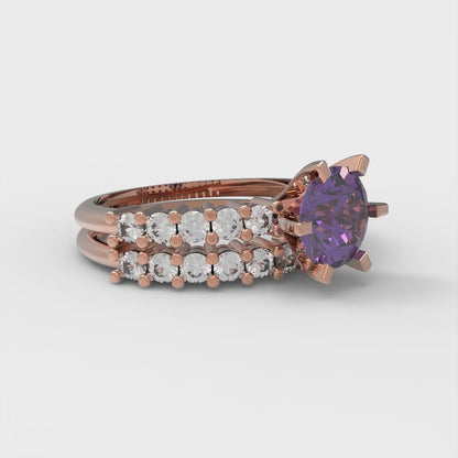 1.66 cttw Round Cut Natural Amethyst Bridal Set - Solid Rose Gold Engagement Ring & Wedding Band