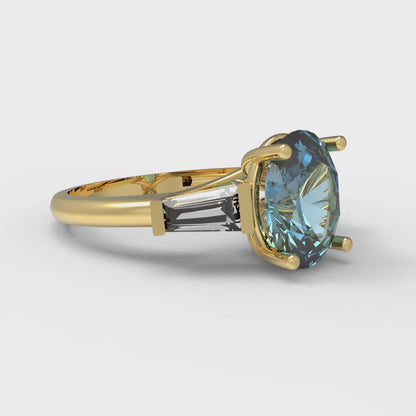2.5 cttw Zirconia Simulated Blue Diamond Three-Stone Engagement Ring - Solid Yellow Gold (VVS1, Oval Cut,9x7mm)