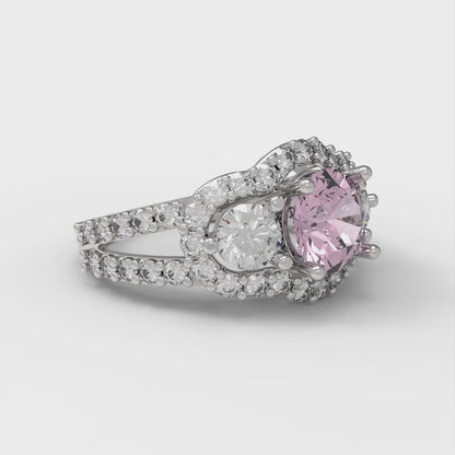 2.16 cttw Zirconia Simulated Pink Diamond Three-Stone Engagement Ring - Solid White Gold (VVS1, Round Cut,6.5mm)