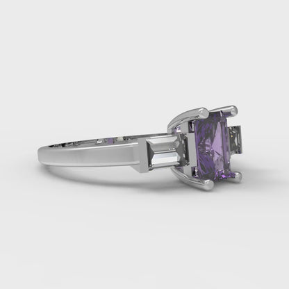 0.8 cttw Natural Amethyst Three-Stone Engagement Ring - Solid White Gold (VVS1, Emerald Cut,6x4mm)