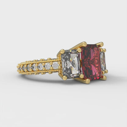 3.61 cttw Natural Garnet Three-Stone Engagement Ring - Solid Gold (Emerald Cut,8x6mm)