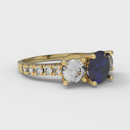 1.97 cttw Simulated Blue Sapphire Three-Stone Engagement Ring - Solid Gold (Round Cut,6.5mm)