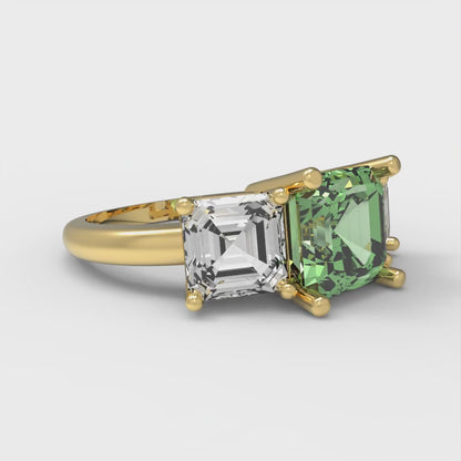 4 cttw Zirconia Simulated Green Diamond Three-Stone Engagement Ring - Solid Yellow Gold (VVS1, Square Emerald Cut,7.0X7.0mm)