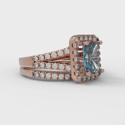 1.72 cttw Emerald Cut Simulated Blue Diamond Bridal Set - Solid Rose Gold Engagement Ring & Wedding Band