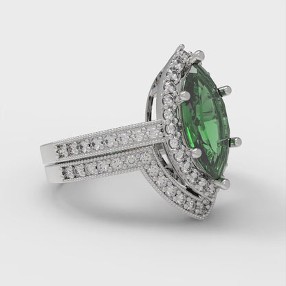 2.4875 cttw Marquise Cut Simulated Emerald Bridal Set - Solid White Gold Engagement Ring & Wedding Band