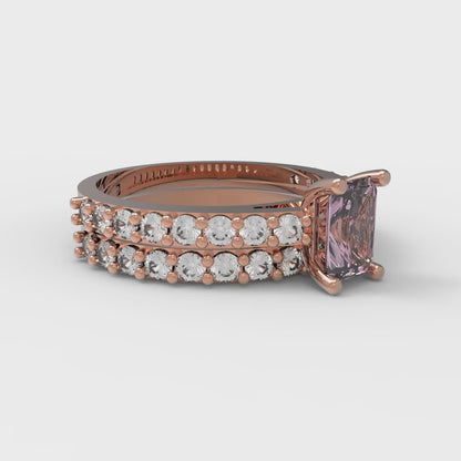 1.325 cttw Emerald Cut Simulated Pink Diamond Bridal Set - Solid Rose Gold Engagement Ring & Wedding Band