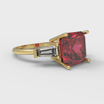 3 cttw Simulated Ruby Three-Stone Engagement Ring - Solid Yellow Gold (VVS1, Asscher Cut,8.0mm)
